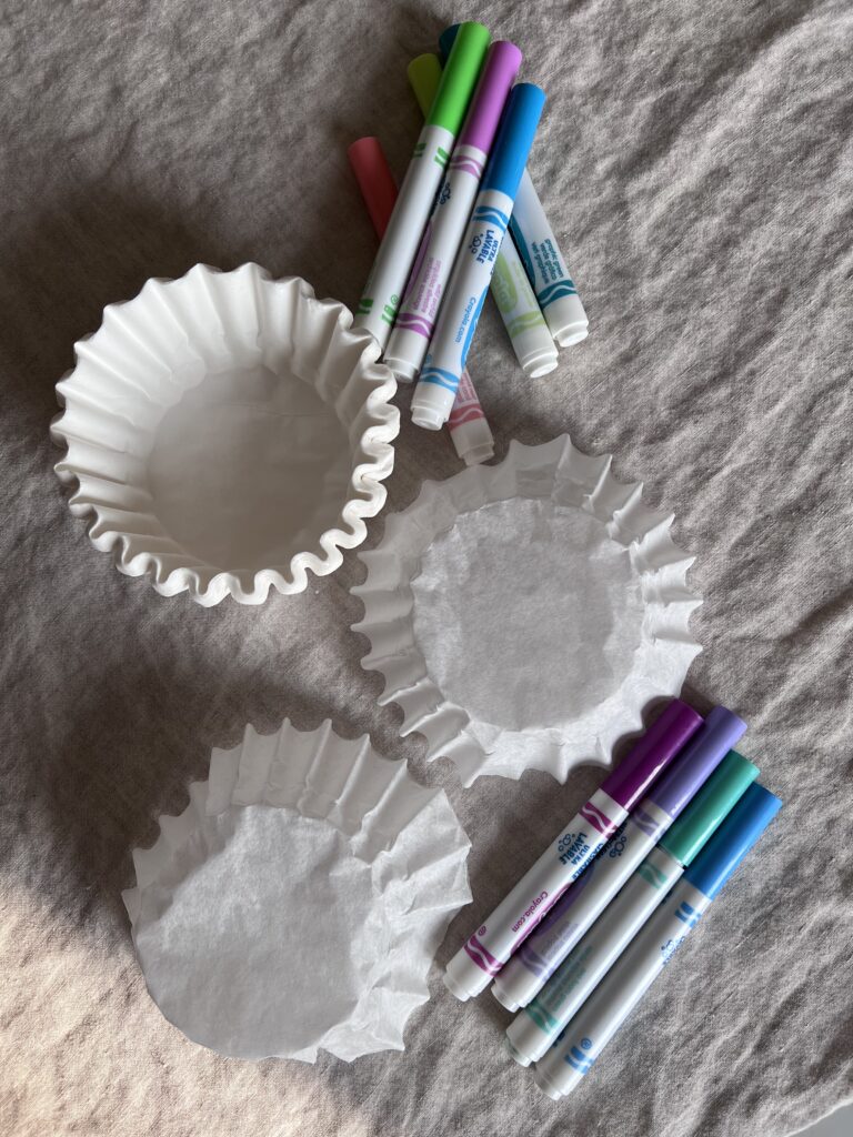 Effortless Snowflake Crafts. Supplies of magic markers and coffee filters.